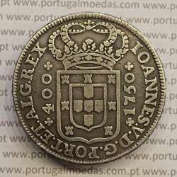 Cruzado Novo Prata 1750 D. João V, 480 Réis, Coroa de 4 arcos sem pedúnculos, sem perola a terminar os arcos, World Coins KM179