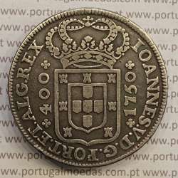 Cruzado Novo Prata 1750 D. João V, 480 Réis, Coroa de 4 arcos sem pedúnculos, sem perola a terminar os arcos, World Coins KM179