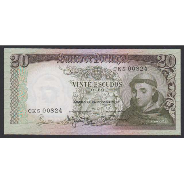 NOTA DE 20 ESCUDOS 1964 ( MUITO POUCO CIRCULADA ) "20$00 1964 Ch.7 SANTO ANTÓNIO - BANCO DE PORTUGAL (26/05/1964)