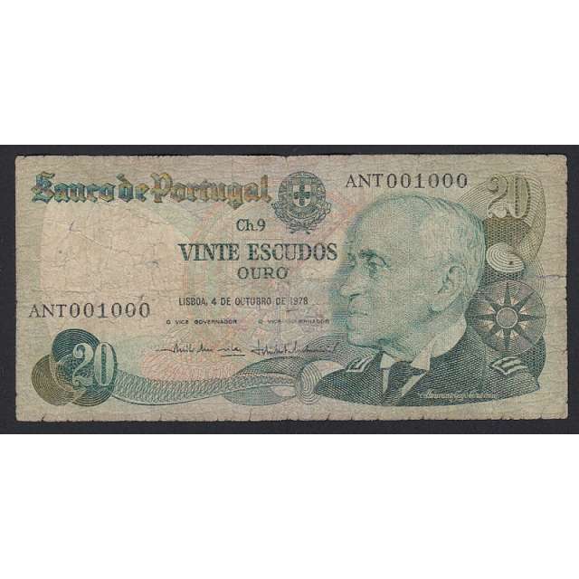 NOTA DE 20 ESCUDOS 1978 ( CIRCULADA + ) "20$00 1978 Ch.9 GAGO COUTINHO - BANCO DE PORTUGAL (04/10/1978)