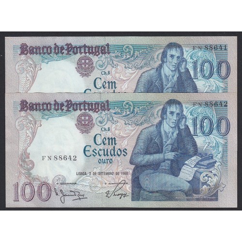 LOTE DE 2 NOTAS C/ NÚMEROS SEGUIDOS - 100 ESCUDOS 1980 (NÃO CIRCULADAS) "100$00 1980 Ch.8 BOCAGE - BANCO DE PORTUGAL(02/09/1980)