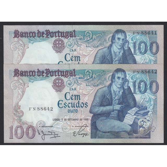 LOTE DE 2 NOTAS C/ NÚMEROS SEGUIDOS - 100 ESCUDOS 1980 (NÃO CIRCULADAS) "100$00 1980 Ch.8 BOCAGE - BANCO DE PORTUGAL(02/09/1980)