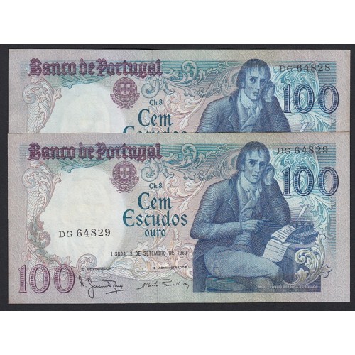 LOTE DE 2 NOTAS C/ NÚMEROS SEGUIDOS - 100 ESCUDOS 1980 (MUITO POUCO CIRCULADAS) "100$00 1980 Ch.8 BOCAGE - (02/09/1980)
