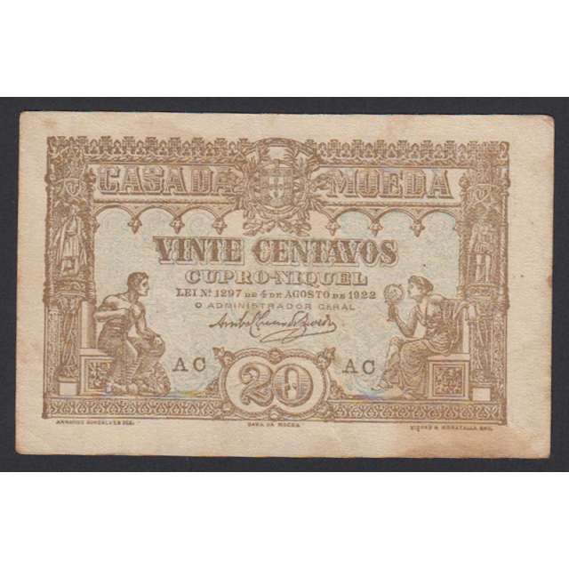 CÉDULA OFICIAL CASA DA MOEDA - 20 CENTAVOS 1922 ( CIRCULADA )