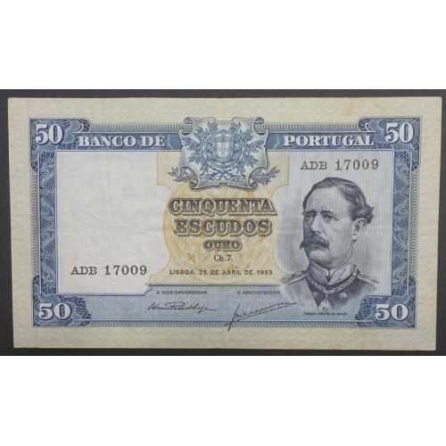 NOTA DE 50 ESCUDOS 1953 ( CIRCULADA ) "50$00 1953 Ch.7 FONTES PEREIRA DE MELLO - BANCO DE PORTUGAL (28/04/1953)