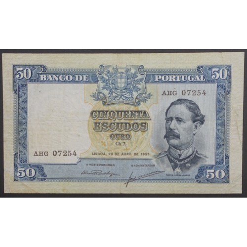 NOTA DE 50 ESCUDOS 1953 ( CIRCULADA ) "50$00 1953 Ch.7 FONTES PEREIRA DE MELLO - BANCO DE PORTUGAL (28/04/1953)