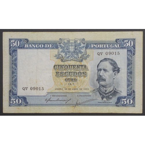 NOTA DE 50 ESCUDOS 1953 ( CIRCULADA ) "50$00 1953 Ch.7 FONTES PEREIRA DE MELLO - BANCO DE PORTUGAL (28/04/1953)