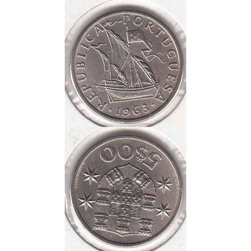 Portugal, coin of 5 Escudos 1963, 5$00 Escudos 1963 Copper-Nickel Portuguese Republic, (BU/UNC), World Coins Portugal KM 591