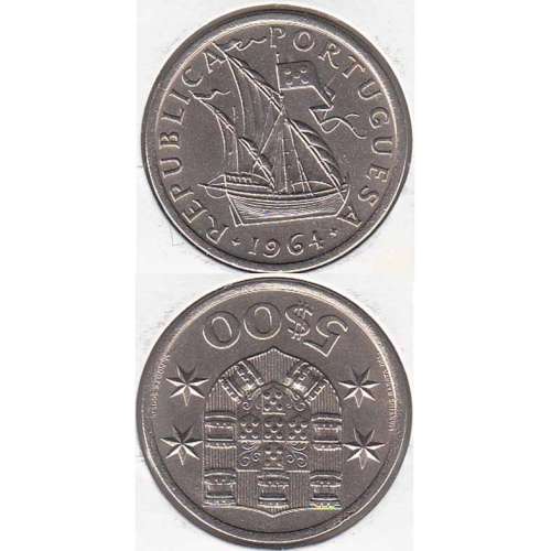 Portugal, coin of 5 Escudos 1964, 5$00 Escudos 1964 Copper-Nickel Portuguese Republic, (BU/UNC), World Coins Portugal KM 591
