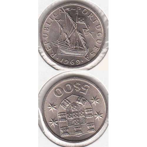 Portugal, coin of 5 Escudos 1969, 5$00 Escudos 1969 Copper-Nickel Portuguese Republic, (BU/UNC), World Coins Portugal KM 591