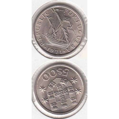 5$00 escudos 1971 cupro-níquel, 5 Escudos 1971 cuproníquel da República Portuguesa,World Coins Portugal KM 591