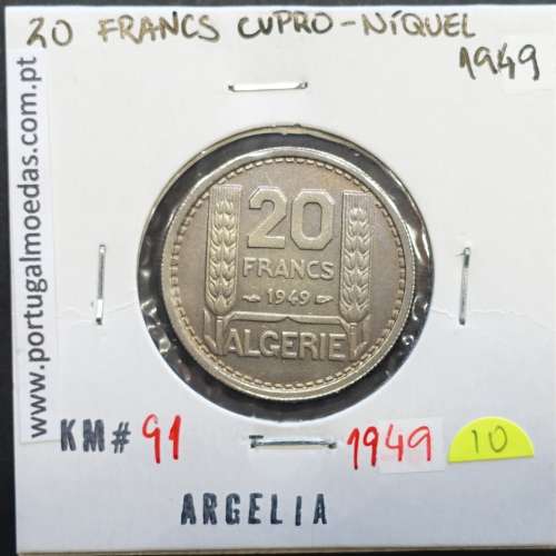 MOEDA DE 20 FRANCOS CUPRO-NÍQUEL 1949 - ARGÉLIA - KRAUSE WORLD COINS ALGERIA KM 91