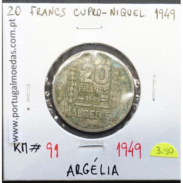 MOEDA DE 20 FRANCOS CUPRO-NÍQUEL 1949 - ARGÉLIA - KRAUSE WORLD COINS ALGERIA KM 91