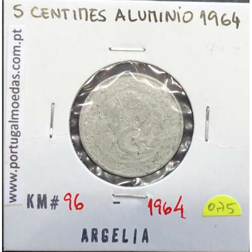 MOEDA DE 5 CENTIMOS ALUMINÍO 1964 - ARGÉLIA - KRAUSE WORLD COINS ALGERIA KM 96
