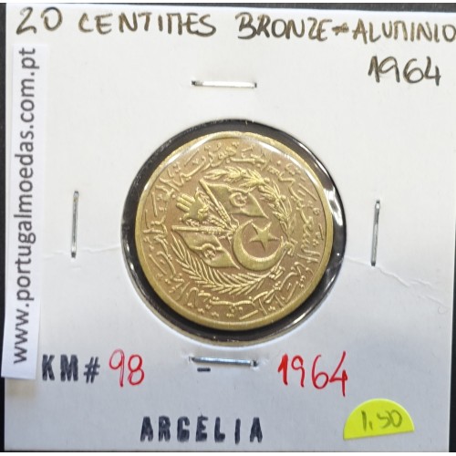 MOEDA DE 20 CÊNTIMOS BRONZE ALUMÍNIO 1964 - ARGÉLIA - KRAUSE WORLD COINS ALGERIA KM 98
