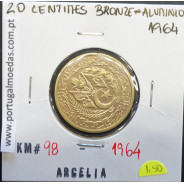 MOEDA DE 20 CÊNTIMOS BRONZE ALUMÍNIO 1964 - ARGÉLIA - KRAUSE WORLD COINS ALGERIA KM 98