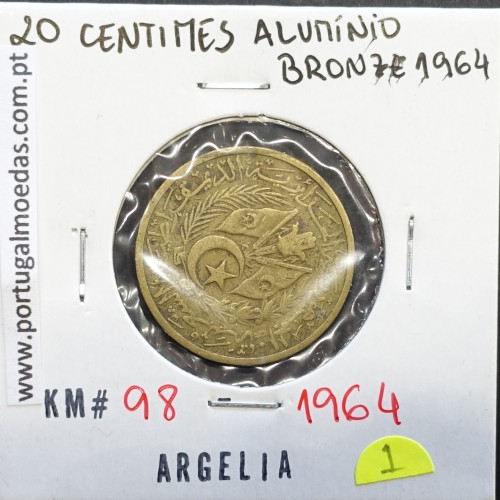 MOEDA DE 20 CÊNTIMOS BRONZE ALUMÍNIO 1964 - ARGÉLIA - KRAUSE WORLD COINS ALGERIA KM 98