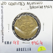 MOEDA DE 20 CÊNTIMOS BRONZE ALUMÍNIO 1964 - ARGÉLIA - KRAUSE WORLD COINS ALGERIA KM 98