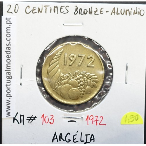 MOEDA DE 20 CÊNTIMOS BRONZE ALUMÍNIO 1972 - ARGÉLIA - KRAUSE WORLD COINS ALGERIA KM 103