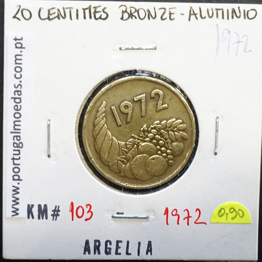 MOEDA DE 20 CÊNTIMOS BRONZE ALUMÍNIO 1972 - ARGÉLIA - KRAUSE WORLD COINS ALGERIA KM 103