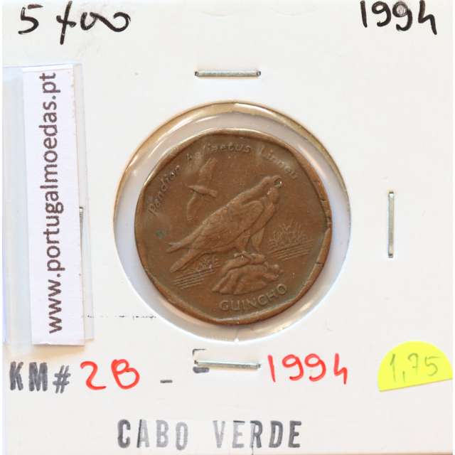 MOEDA DE 5 ESCUDOS 1994 AÇO COBRE - REPÚBLICA DE CABO VERDE - KRAUSE WORLD COINS CAPE VERDE KM28