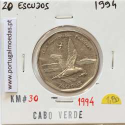 MOEDA DE 20 ESCUDOS 1994 AÇO NIQUELADO - REPÚBLICA DE CABO VERDE - KRAUSE WORLD COINS CAPE VERDE KM30