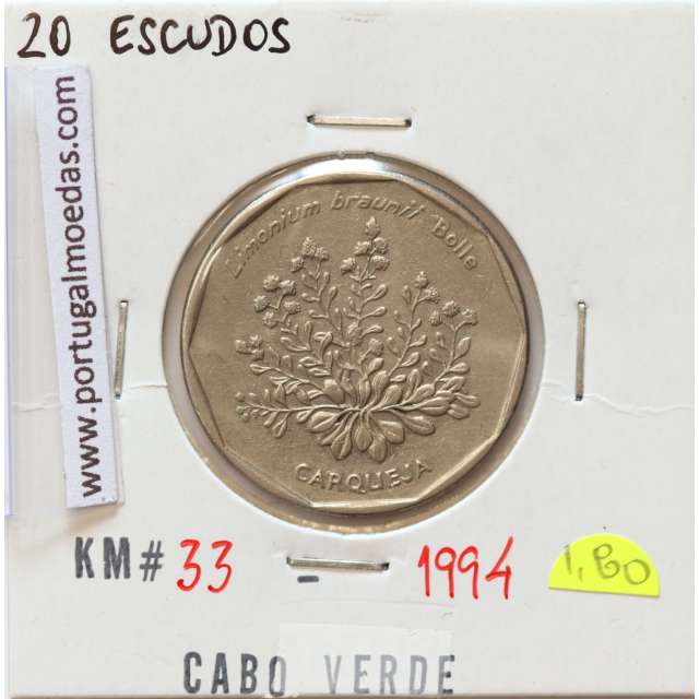 MOEDA DE 20 ESCUDOS 1994 AÇO NIQUELADO - REPÚBLICA DE CABO VERDE - KRAUSE WORLD COINS CAPE VERDE KM33