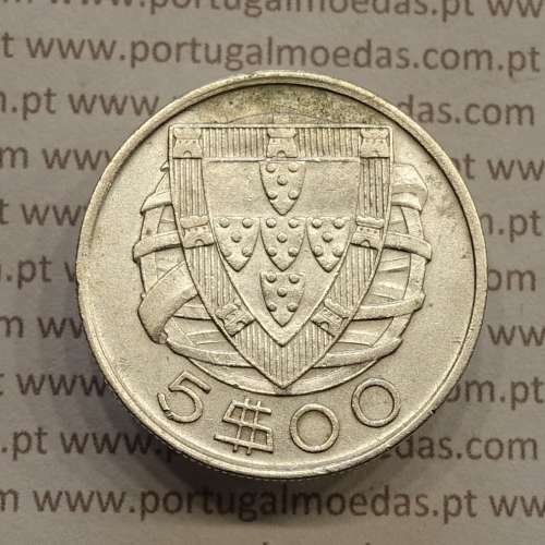Silver coin 5 Escudos 1937 of Portugal, 5$00 Escudos 1937 silver of the Portuguese Republic, (VF+), World Coins Portugal KM 581