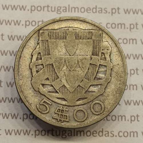 MOEDA 5$00 ESCUDOS "CINCO ESCUDOS" PRATA 1937 (BC) -  REPÚBLICA PORTUGUESA