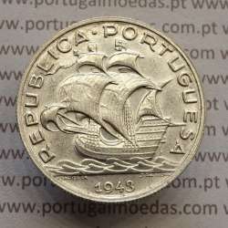 coin 5 escudos 1943, 5$00 silver 1943, Five Escudos 1943 of the Portuguese Republic, (Bela), World Coins Portugal KM 581