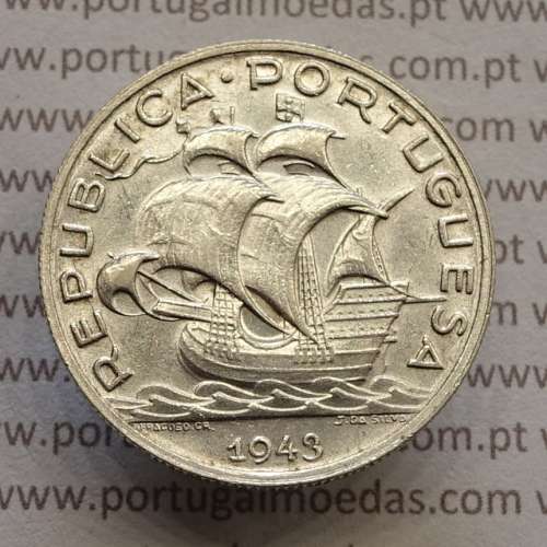 5 escudos 1943 prata,5$00 prata 1943, Cinco Escudos 1943 da República Portuguesa, (Bela), World Coins Portugal KM 581