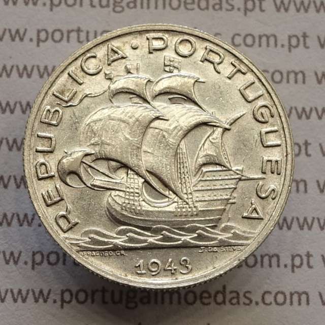 coin 5 escudos 1943, 5$00 silver 1943, Five Escudos 1943 of the Portuguese Republic, (Bela), World Coins Portugal KM 581