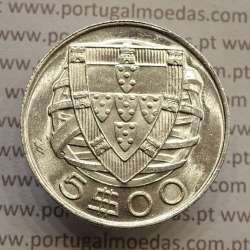 Portugal, silver coin of 5 Escudos 1948, 5$00 1948 silver coin of the Portuguese Republic, (UNC), World Coins Portugal KM 581 Portugal, silver coin of 5 Escudos 1948, 5$00 1948 silver coin of the Portuguese Republic, (UNC), World Coins Portugal KM 581
