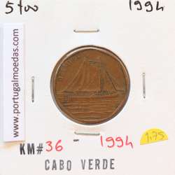 MOEDA DE 5 ESCUDOS 1994 AÇO COBRE - REPÚBLICA DE CABO VERDE - KRAUSE WORLD COINS CAPE VERDE KM36