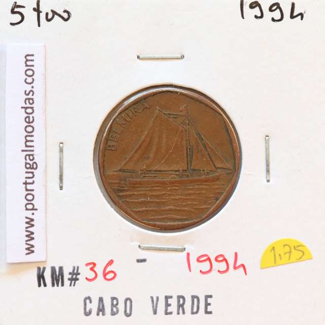 MOEDA DE 5 ESCUDOS 1994 AÇO COBRE - REPÚBLICA DE CABO VERDE - KRAUSE WORLD COINS CAPE VERDE KM36