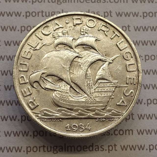 Portugal, silver coin of 10 Escudos 1934, 10$00 1934 silver coin of the Portuguese Republic, (VF+), World Coins Portugal KM 582