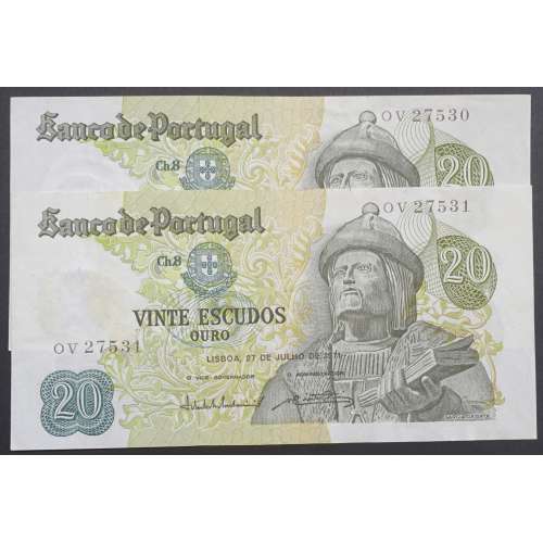 LOTE 2 NOTAS C/ Nº SEGUIDOS - 20 ESCUDOS 1971 (POUCO CIRCULADAS) "20$00 1971 Ch.8 GARCIA DE ORTA