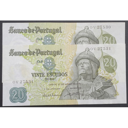 LOTE 2 NOTAS C/ Nº SEGUIDOS - 20 ESCUDOS 1971 (POUCO CIRCULADAS) "20$00 1971 Ch.8 GARCIA DE ORTA