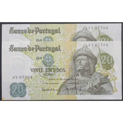 LOTE 2 NOTAS C/ Nº SEGUIDOS - 20 ESCUDOS 1971 (POUCO CIRCULADAS) "20$00 1971 Ch.8 GARCIA DE ORTA