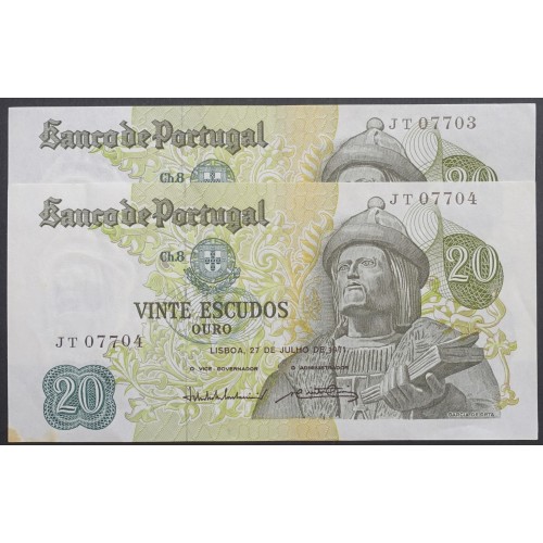 LOTE 2 NOTAS C/ Nº SEGUIDOS - 20 ESCUDOS 1971 (POUCO CIRCULADAS) "20$00 1971 Ch.8 GARCIA DE ORTA