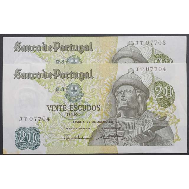 LOTE 2 NOTAS C/ Nº SEGUIDOS - 20 ESCUDOS 1971 (POUCO CIRCULADAS) "20$00 1971 Ch.8 GARCIA DE ORTA