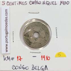 MOEDA DE 5 CENTIMES CUPRO NÍQUEL 1910 - CONGO BELGA - KRAUSE WORLD COINS BELGIAN CONGO KM 17