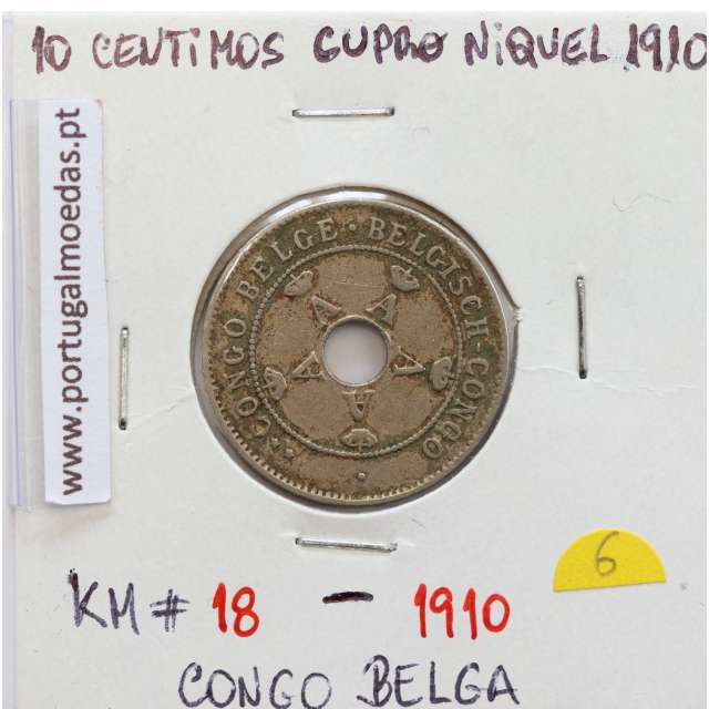 MOEDA DE 10 CENTIMES CUPRO NÍQUEL 1910 - CONGO BELGA - KRAUSE WORLD COINS BELGIAN CONGO KM 18