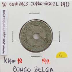 MOEDA DE 10 CENTIMES CUPRO NÍQUEL 1911 - CONGO BELGA - KRAUSE WORLD COINS BELGIAN CONGO KM 18