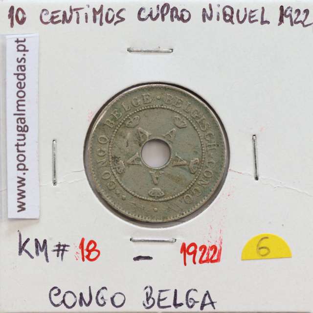 MOEDA DE 10 CENTIMES CUPRO NÍQUEL 1922 - CONGO BELGA - KRAUSE WORLD COINS BELGIAN CONGO KM 18