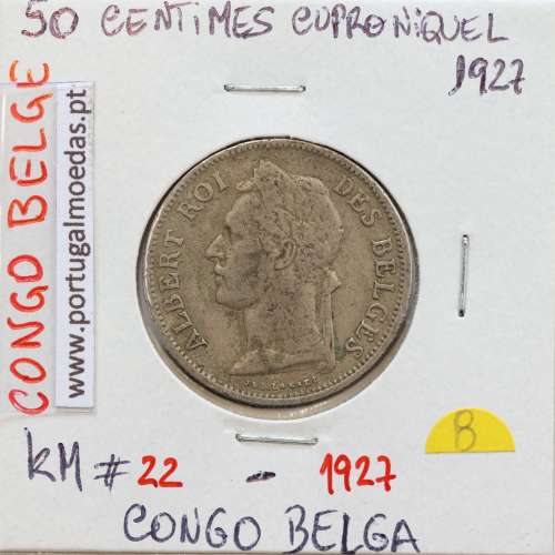 MOEDA DE 50 CENTIMES CUPRO NÍQUEL 1927 - CONGO BELGA - KRAUSE WORLD COINS BELGIAN CONGO KM 22