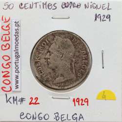 MOEDA DE 50 CENTIMES CUPRO NÍQUEL 1929 - CONGO BELGA - KRAUSE WORLD COINS BELGIAN CONGO KM 22
