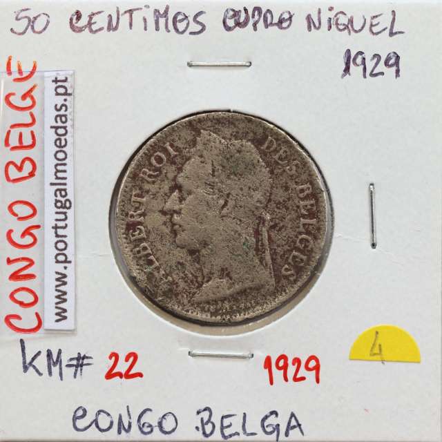 MOEDA DE 50 CENTIMES CUPRO NÍQUEL 1929 - CONGO BELGA - KRAUSE WORLD COINS BELGIAN CONGO KM 22