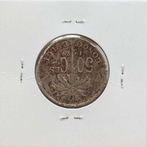 MOEDA DE 50 CENTIMES CUPRO NÍQUEL 1929 - CONGO BELGA - KRAUSE WORLD COINS BELGIAN CONGO KM 22