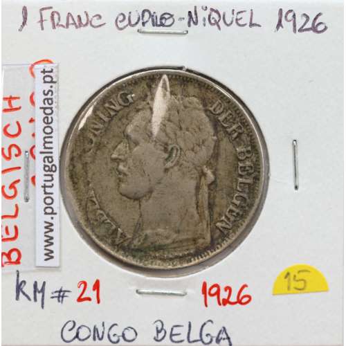 MOEDA DE 1 FRANC CUPRO NÍQUEL 1926 - CONGO BELGA - KRAUSE WORLD COINS BELGIAN CONGO KM 21